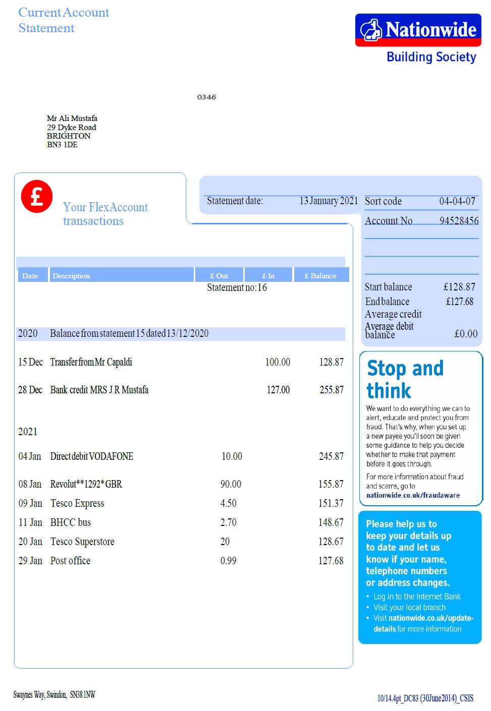 bank account statement