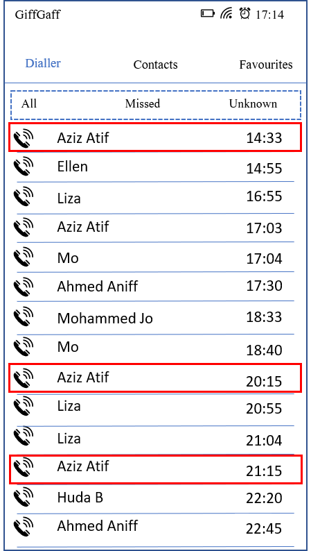 screenshot of phone log