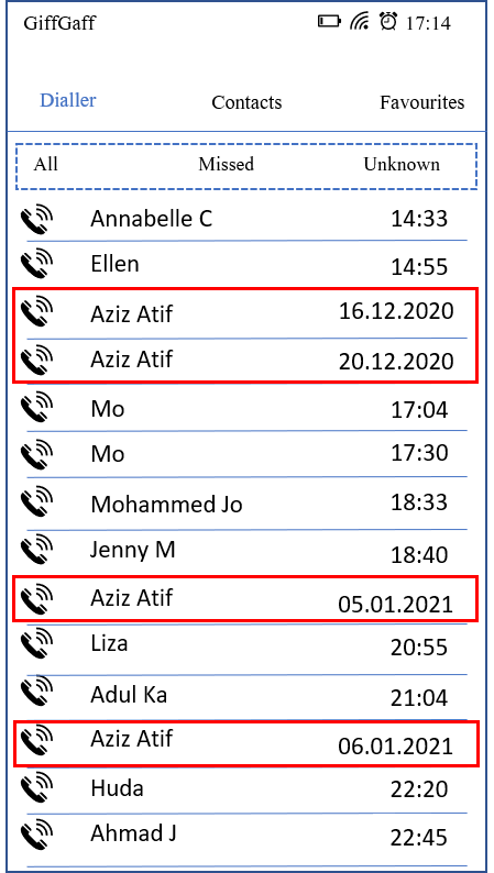 screenshot of a phone log